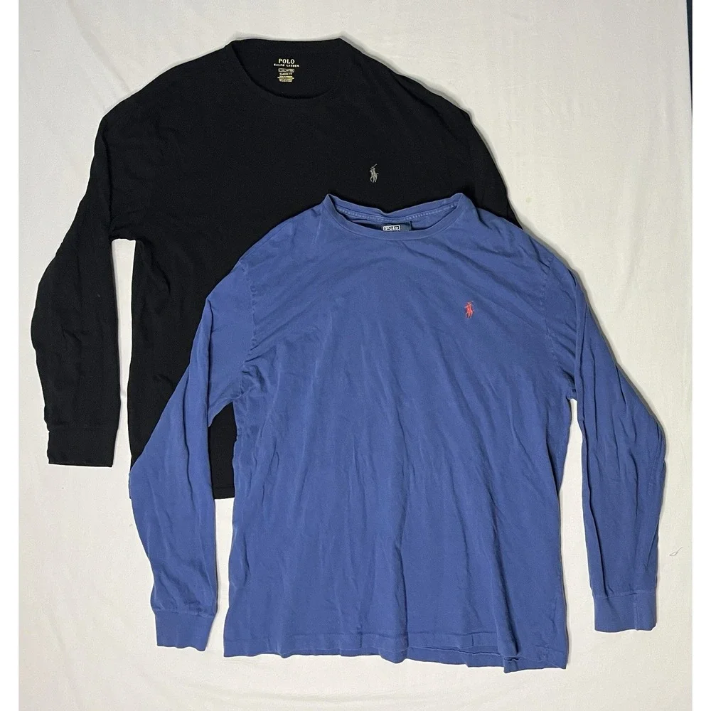 Polo Ralph Lauren Long Sleeve Crew T Shirts Men's Size Large Blue & Black Lot X2
